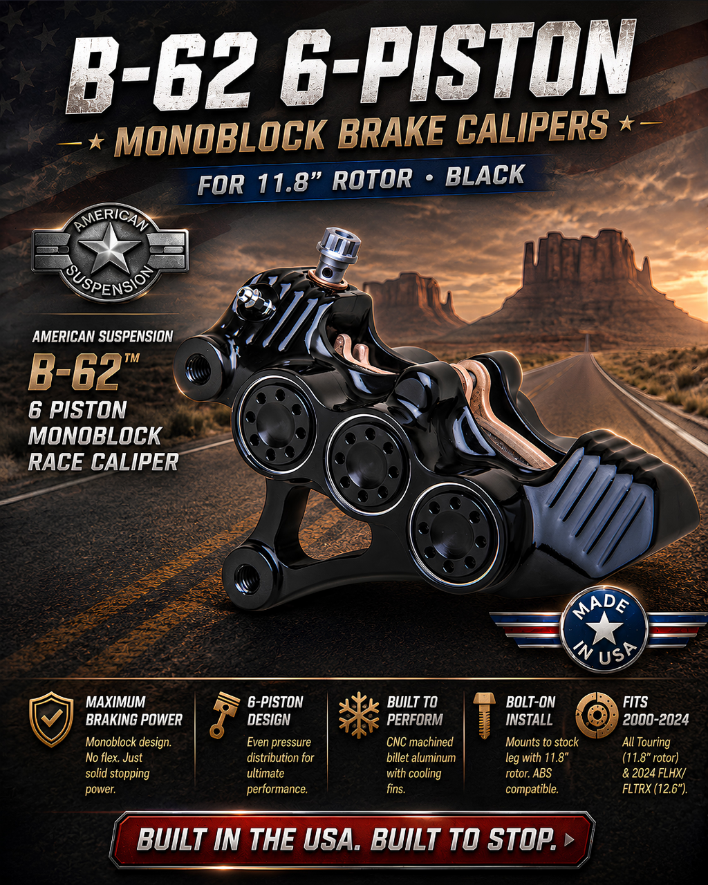 American Suspension - B-62 6-Piston Monoblock Brake Calipers, for 12.6" Rotor - Black (2024-26)