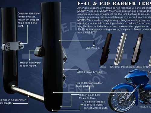AMERICAN SUSPENSION - FORK LEGS- Chrome Finish Smooth Hidden Axle Bagger Legs 1990-UP
