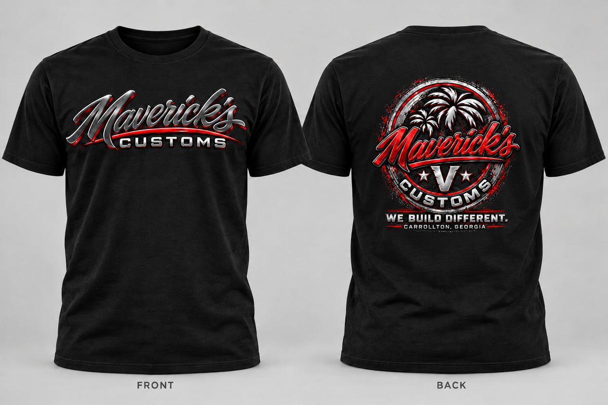 Maverick's Customs "We Build Different" T-Shirt – Black, front and back