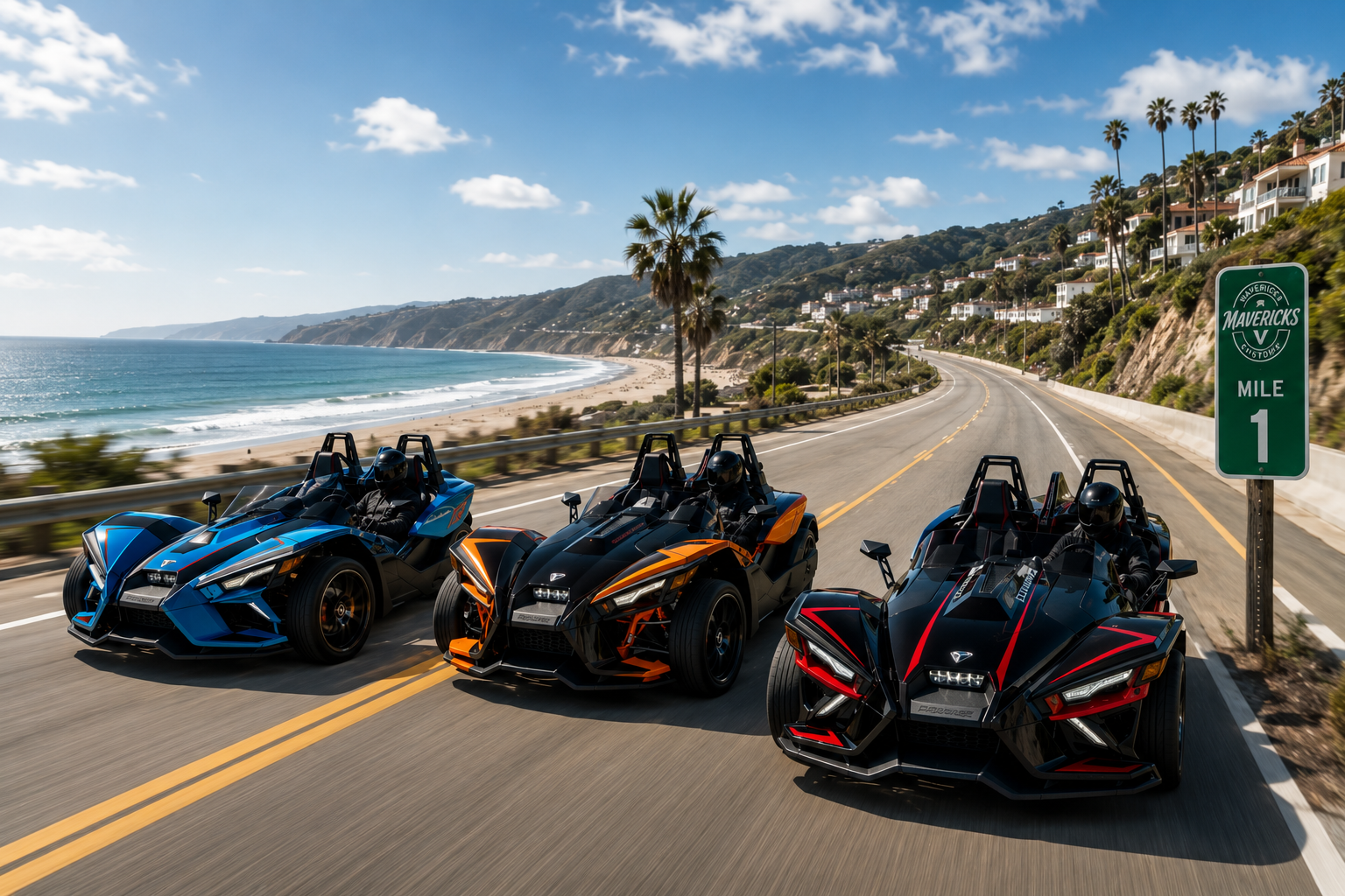 Polaris Slingshots equipped with aftermarket parts and accessories from Mavericks Customs