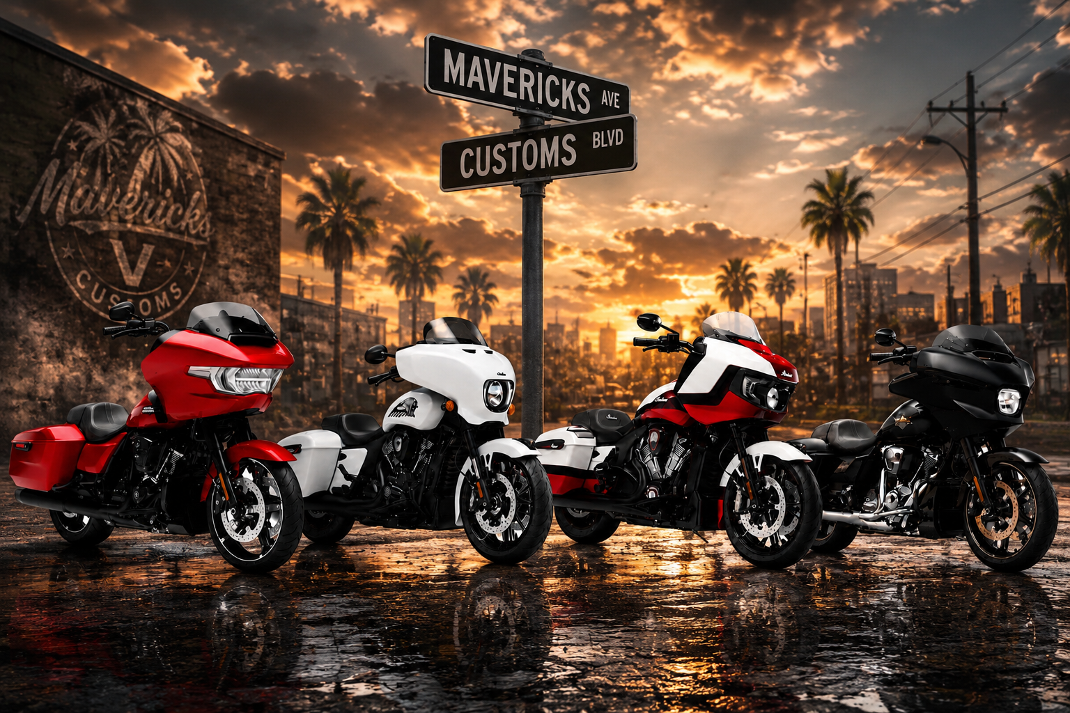 Custom Harley-Davidson motorcycles with premium audio and aftermarket parts at Mavericks Customs