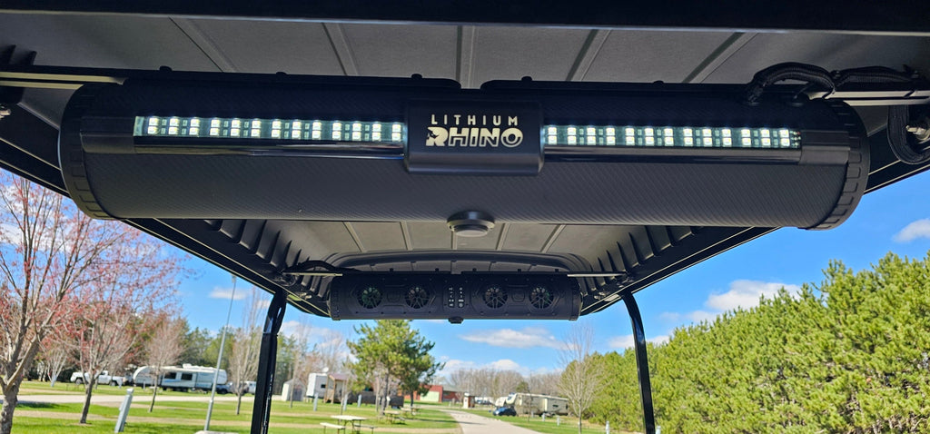 Lithium Rhino soundbar installed on a golf cart