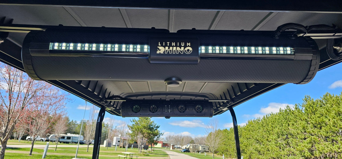 Lithium Rhino soundbar installed on a golf cart