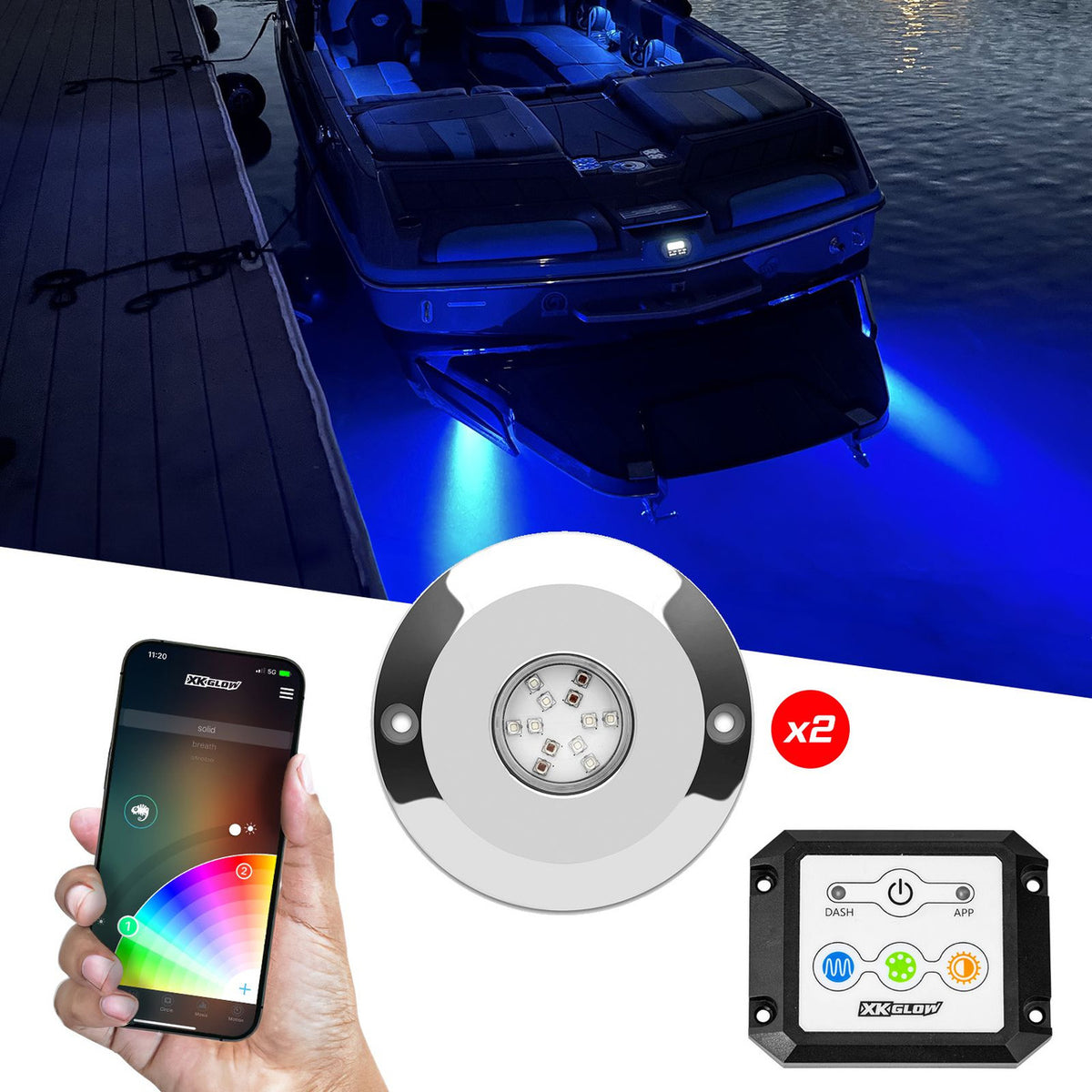 2pc 48W RGB LED Underwater Light Kit with 300w Booster