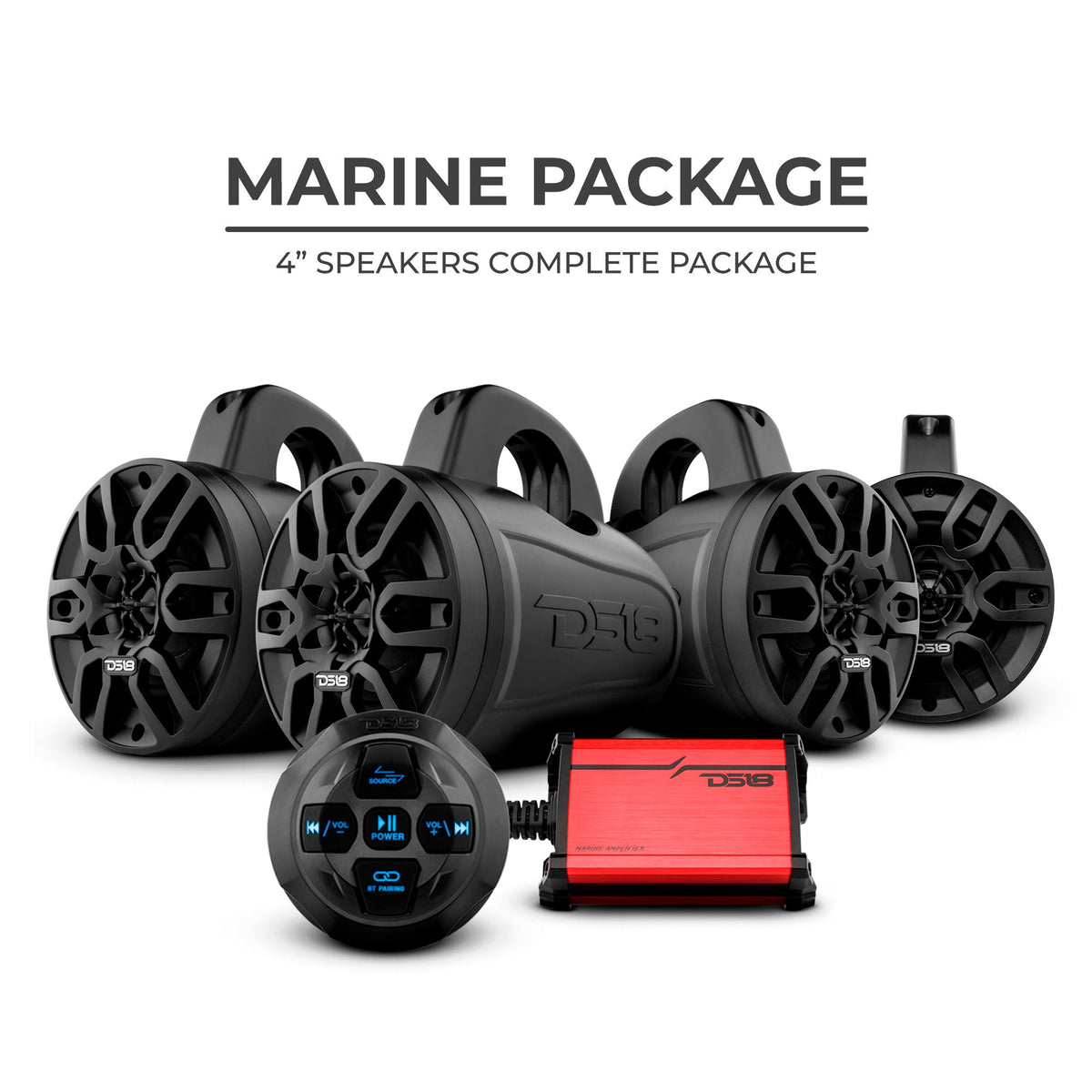 DS18 MP4TP.4A 4" Marine Wakeboard Tower Speaker Package w/ Amp & Bluetooth