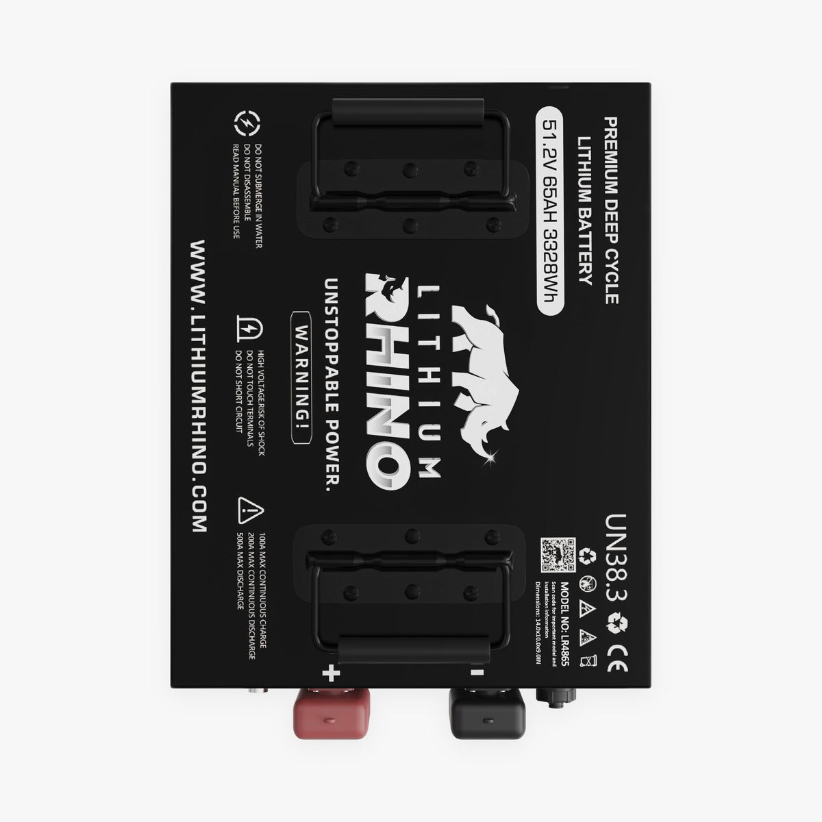 48V 65Ah Lithium Rhino golf cart battery, front view