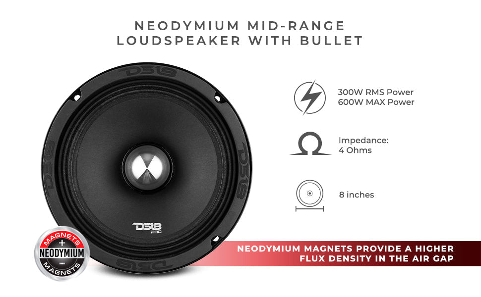 DS18 PRO-NEO8 8" Neodymium Bullet Mid-Range Loudspeaker 600 Watts 4-Ohm