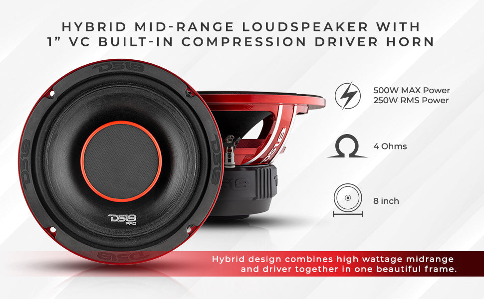 DS18 PRO-HY8.4B 8" Water Resistant Mid-Range Loudspeaker with Built-in Driver 500 Watts 4-Ohm