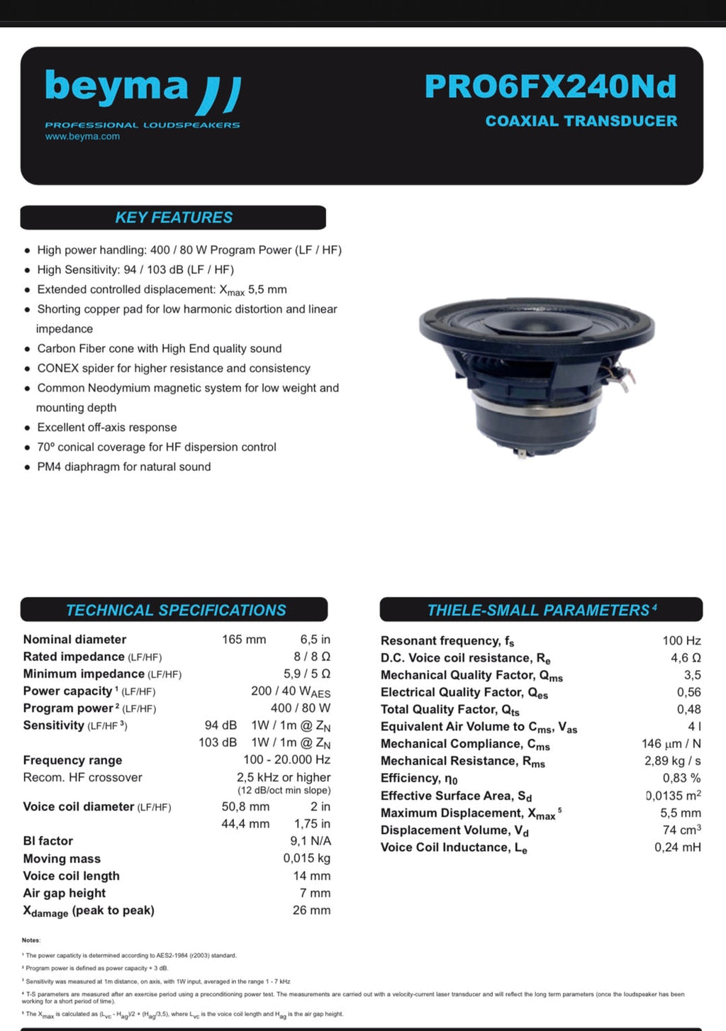 Beyma - Coaxial Speaker - 6.5”  - Beyma PRO6FX240ND HIGH POWER 6.5”