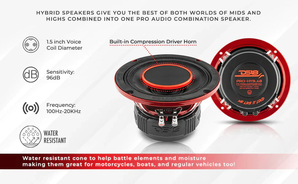 DS18 PRO-HY6.4B 6.5" Water Resistant Mid-Range Loudspeaker with Built-in Driver 450 Watts 4-Ohm
